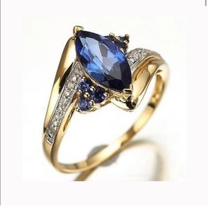 New Blue & White Sapphire Curvy Diamond Shape 14k Solid Gold Ring